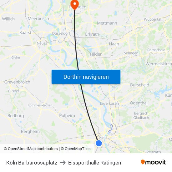 Köln Barbarossaplatz to Eissporthalle Ratingen map