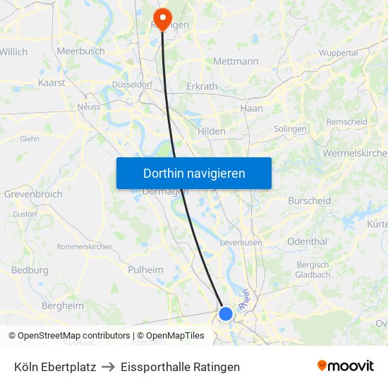 Köln Ebertplatz to Eissporthalle Ratingen map