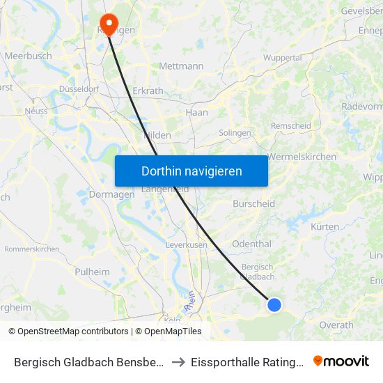 Bergisch Gladbach Bensberg to Eissporthalle Ratingen map