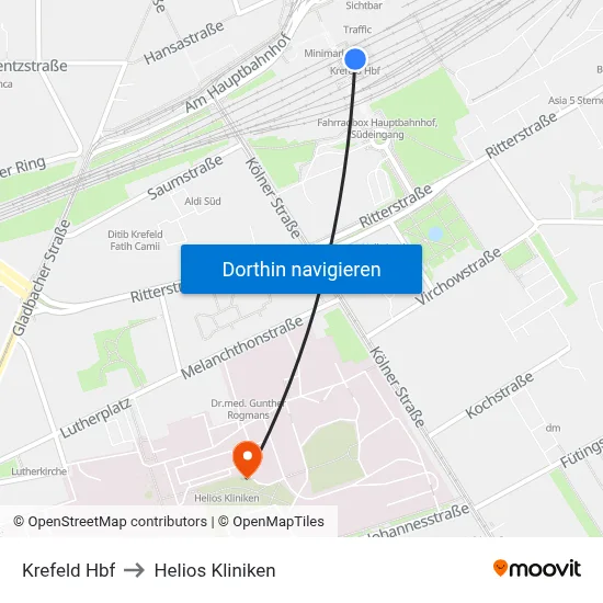 Krefeld Hbf to Helios Kliniken map