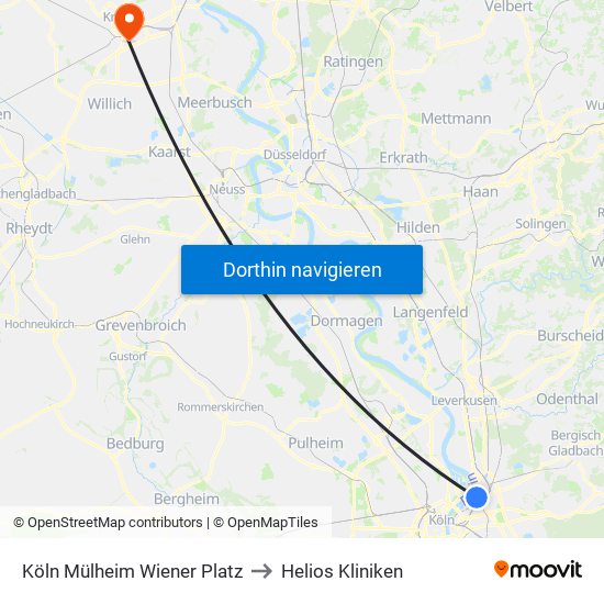 Köln Mülheim Wiener Platz to Helios Kliniken map
