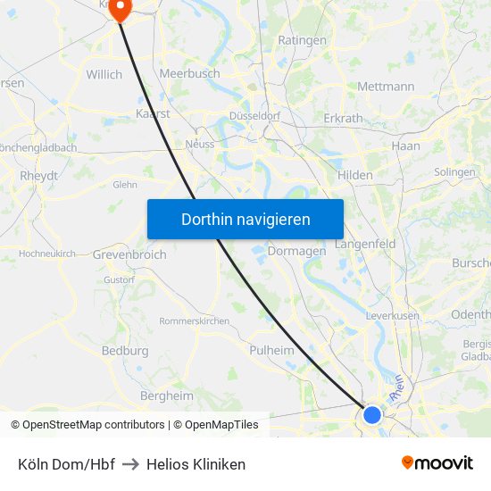 Köln Dom/Hbf to Helios Kliniken map