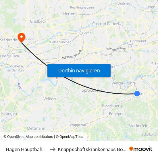 Hagen Hauptbahnhof to Knappschaftskrankenhaus Bottrop map