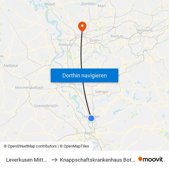 Leverkusen Mitte Bf to Knappschaftskrankenhaus Bottrop map