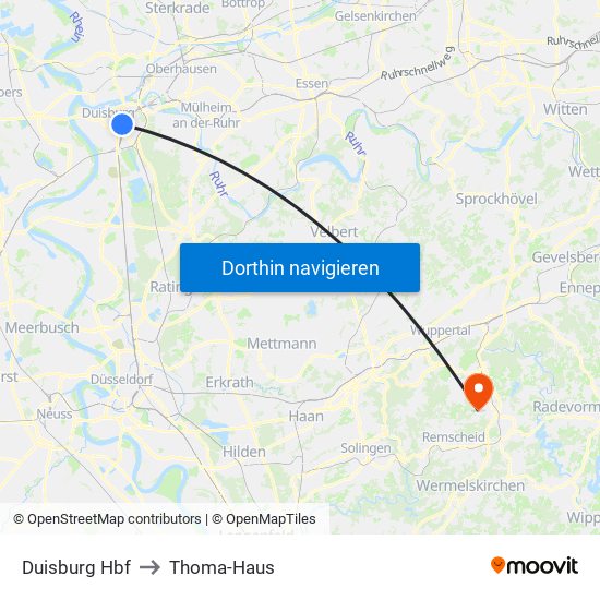 Duisburg Hbf to Thoma-Haus map