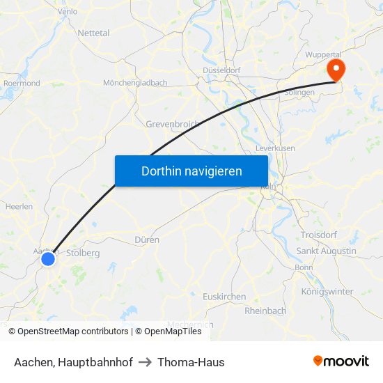 Aachen, Hauptbahnhof to Thoma-Haus map