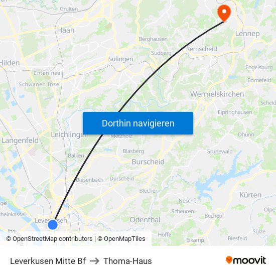 Leverkusen Mitte Bf to Thoma-Haus map