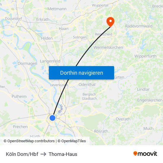 Köln Dom/Hbf to Thoma-Haus map