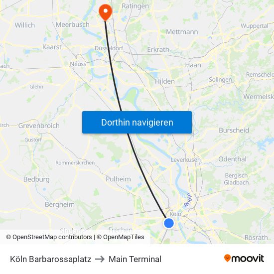 Köln Barbarossaplatz to Main Terminal map