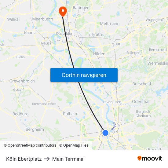 Köln Ebertplatz to Main Terminal map