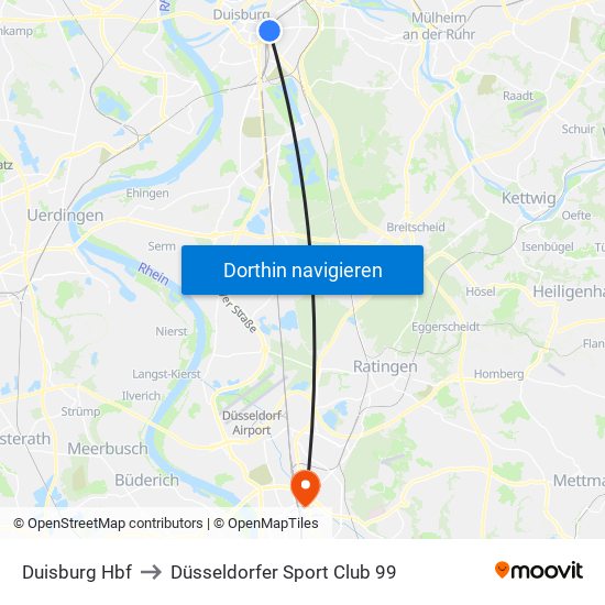 Duisburg Hbf to Düsseldorfer Sport Club 99 map