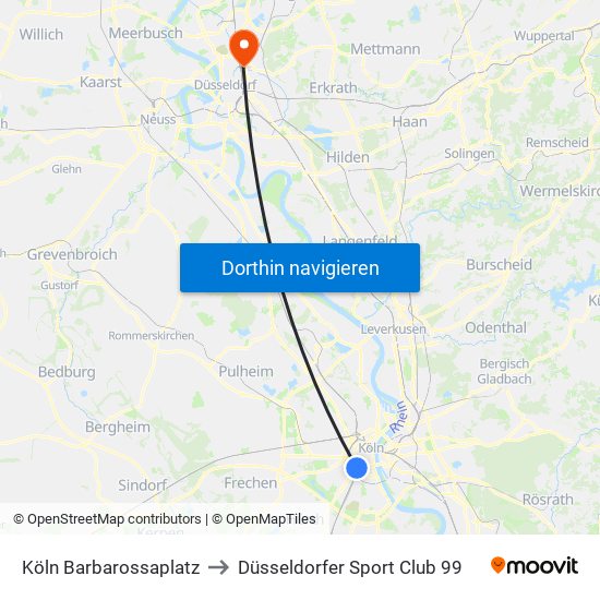 Köln Barbarossaplatz to Düsseldorfer Sport Club 99 map