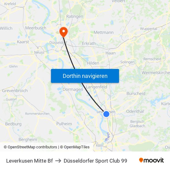 Leverkusen Mitte Bf to Düsseldorfer Sport Club 99 map