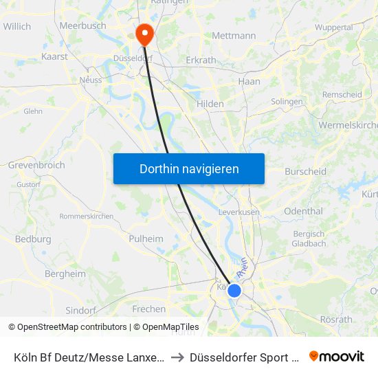 Köln Bf Deutz/Messe Lanxess Arena to Düsseldorfer Sport Club 99 map