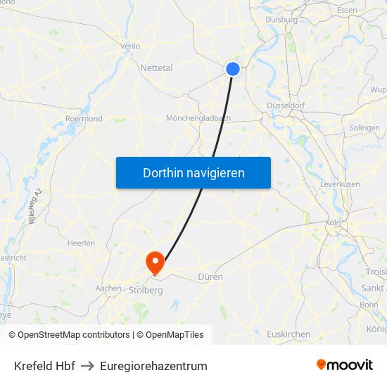 Krefeld Hbf to Euregiorehazentrum map