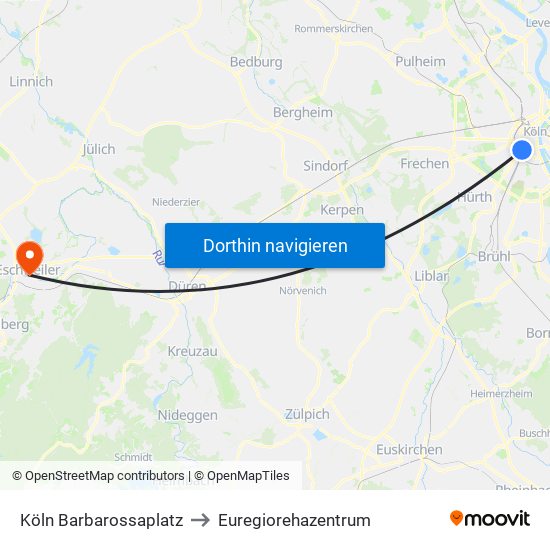 Köln Barbarossaplatz to Euregiorehazentrum map