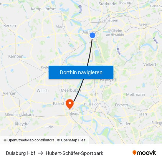 Duisburg Hbf to Hubert-Schäfer-Sportpark map