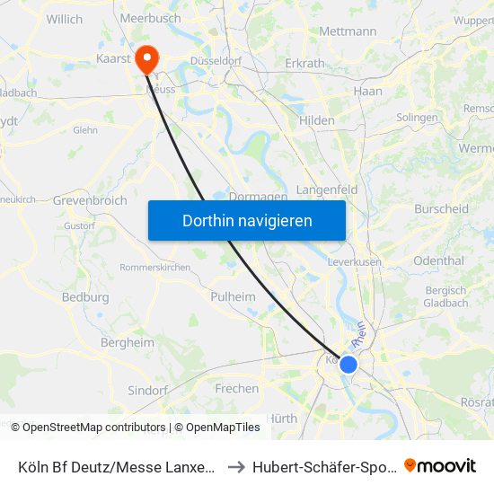 Köln Bf Deutz/Messe Lanxess Arena to Hubert-Schäfer-Sportpark map