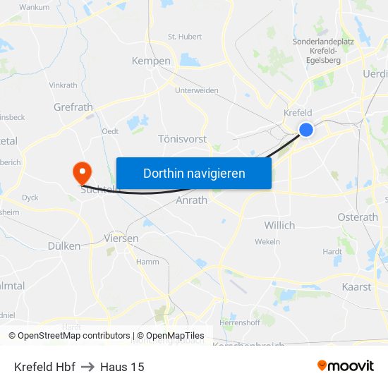 Krefeld Hbf to Haus 15 map