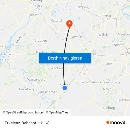 Erkelenz, Bahnhof to K8 map