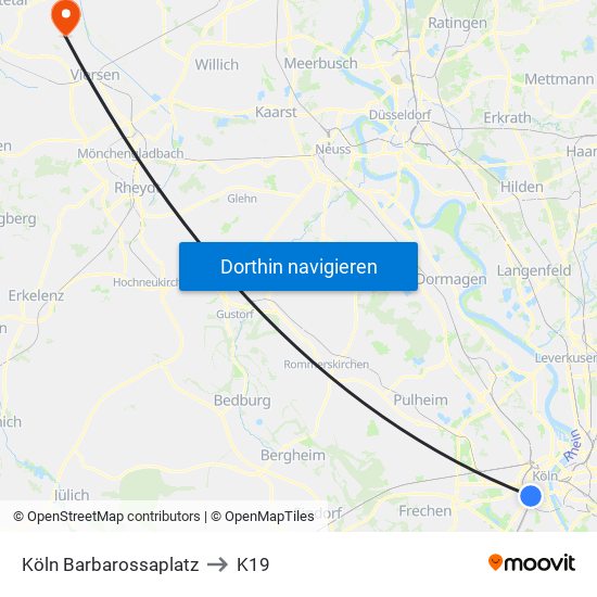 Köln Barbarossaplatz to K19 map