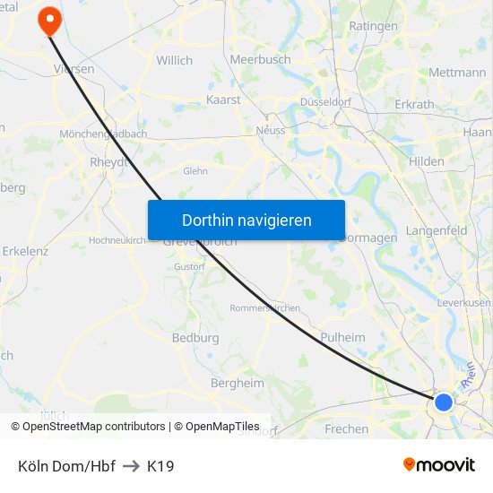 Köln Dom/Hbf to K19 map