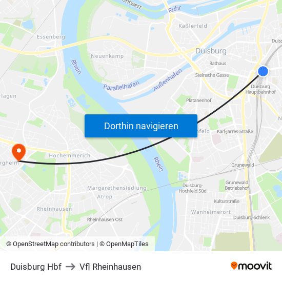 Duisburg Hbf to Vfl Rheinhausen map