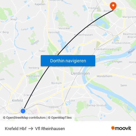 Krefeld Hbf to Vfl Rheinhausen map