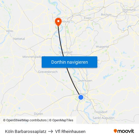 Köln Barbarossaplatz to Vfl Rheinhausen map