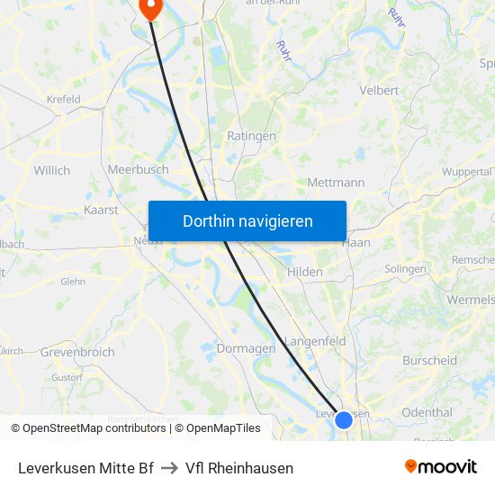 Leverkusen Mitte Bf to Vfl Rheinhausen map