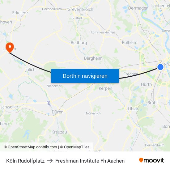Köln Rudolfplatz to Freshman Institute Fh Aachen map