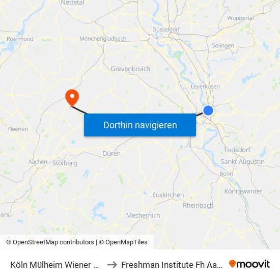 Köln Mülheim Wiener Platz to Freshman Institute Fh Aachen map