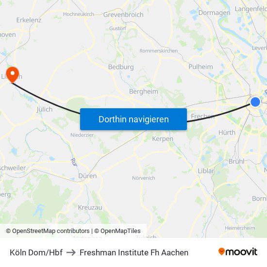 Köln Dom/Hbf to Freshman Institute Fh Aachen map