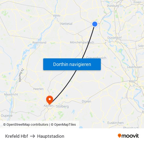 Krefeld Hbf to Hauptstadion map