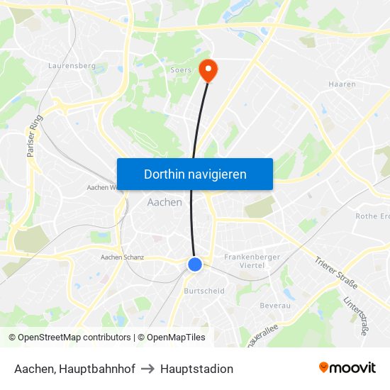 Aachen, Hauptbahnhof to Hauptstadion map