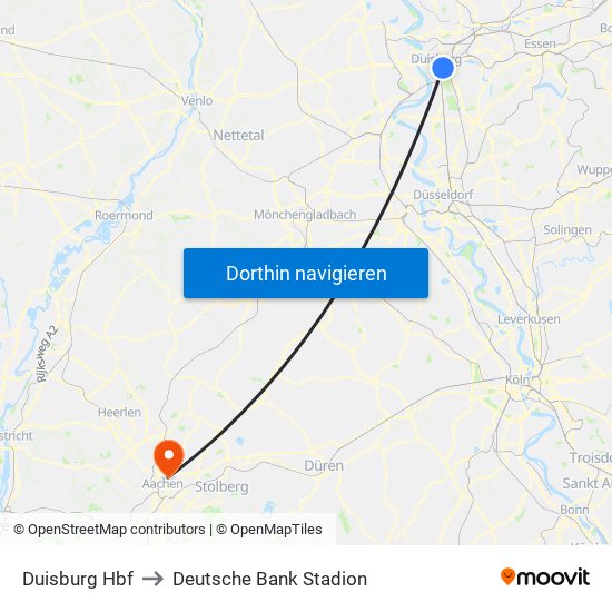 Duisburg Hbf to Deutsche Bank Stadion map