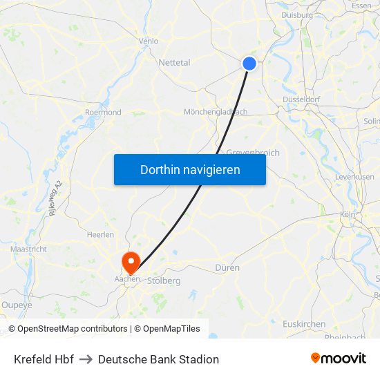 Krefeld Hbf to Deutsche Bank Stadion map
