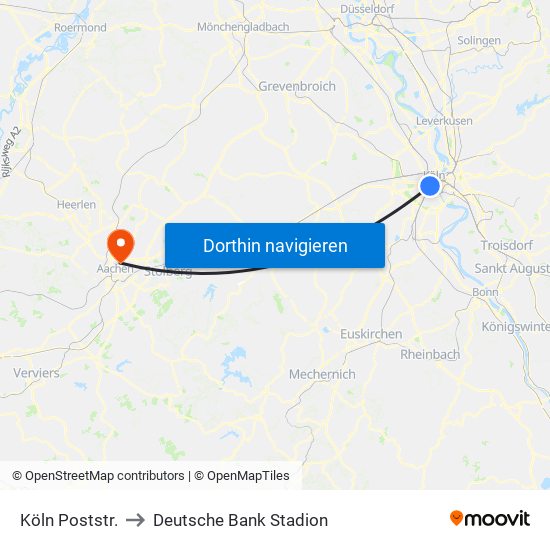 Köln Poststr. to Deutsche Bank Stadion map