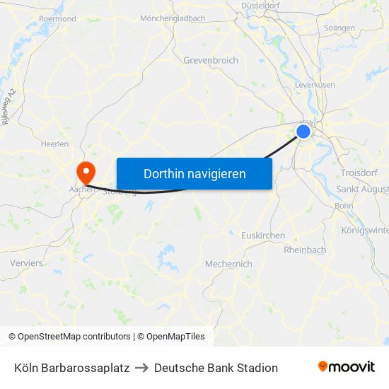 Köln Barbarossaplatz to Deutsche Bank Stadion map