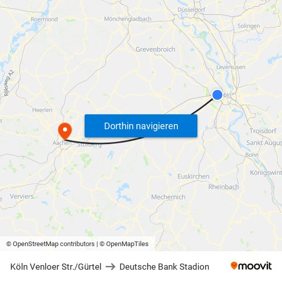 Köln Venloer Str./Gürtel to Deutsche Bank Stadion map
