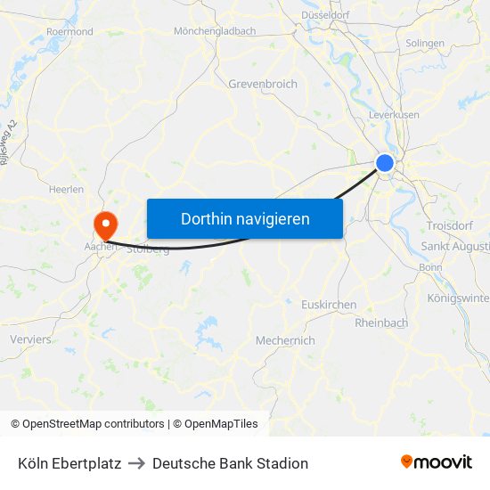 Köln Ebertplatz to Deutsche Bank Stadion map