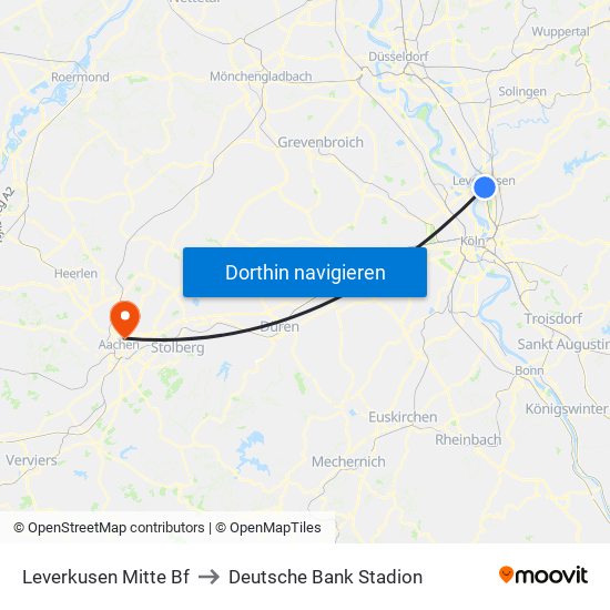 Leverkusen Mitte Bf to Deutsche Bank Stadion map