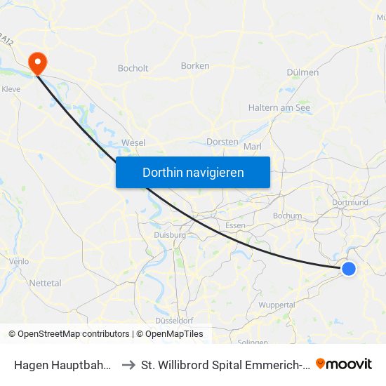 Hagen Hauptbahnhof to St. Willibrord Spital Emmerich-Rees map
