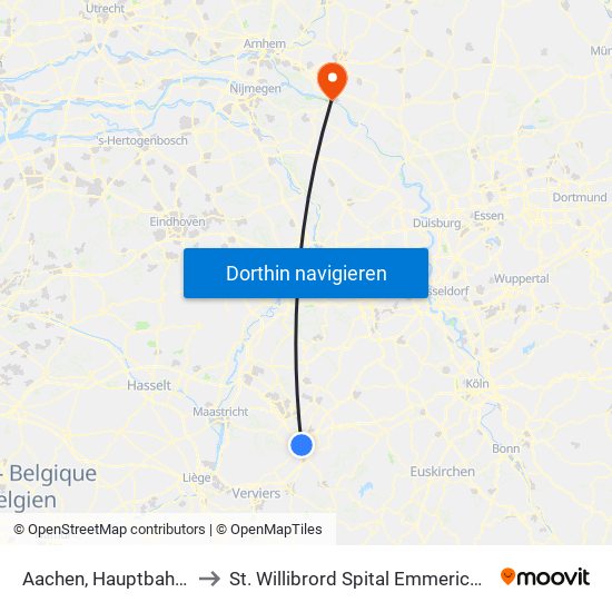 Aachen, Hauptbahnhof to St. Willibrord Spital Emmerich-Rees map