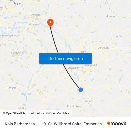 Köln Barbarossaplatz to St. Willibrord Spital Emmerich-Rees map