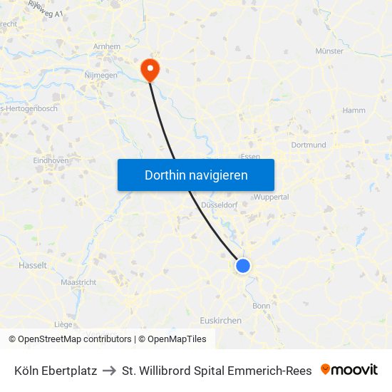 Köln Ebertplatz to St. Willibrord Spital Emmerich-Rees map