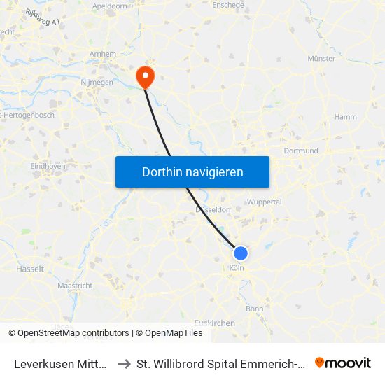 Leverkusen Mitte Bf to St. Willibrord Spital Emmerich-Rees map