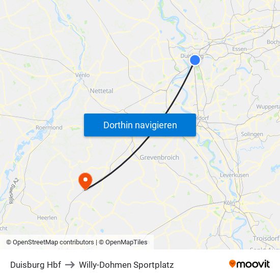 Duisburg Hbf to Willy-Dohmen Sportplatz map