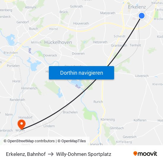 Erkelenz, Bahnhof to Willy-Dohmen Sportplatz map