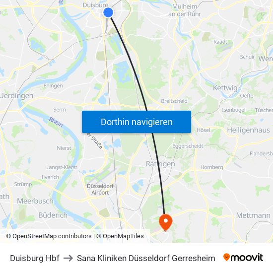 Duisburg Hbf to Sana Kliniken Düsseldorf Gerresheim map